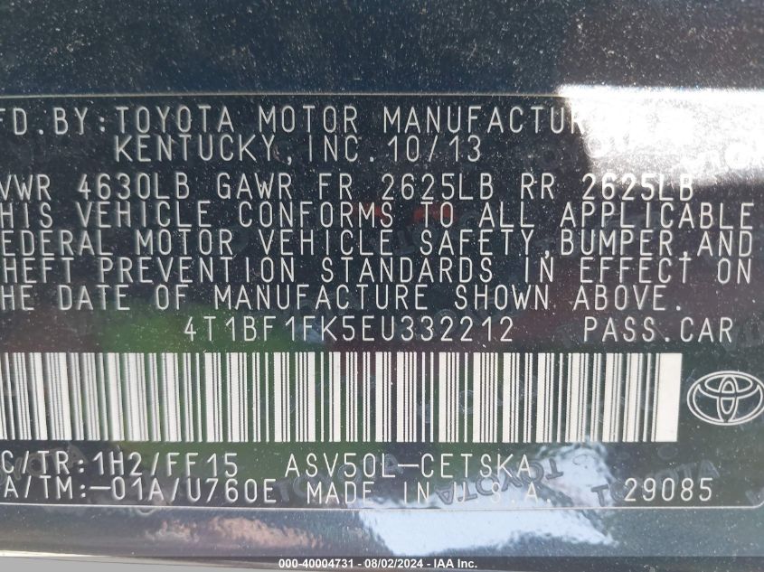 2014 Toyota Camry Se VIN: 4T1BF1FK5EU332212 Lot: 40004731