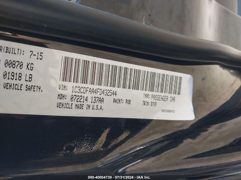 2015 Dodge Dart Se VIN: 1C3CDFAA4FD432544 Lot: 40004739