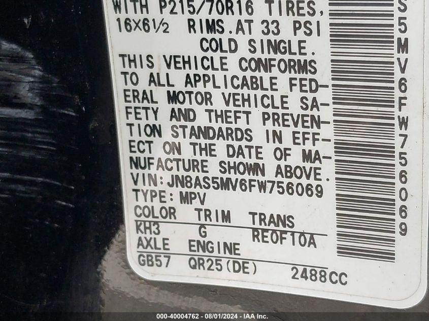 2015 Nissan Rogue Select S VIN: JN8AS5MV6FW756069 Lot: 40004762