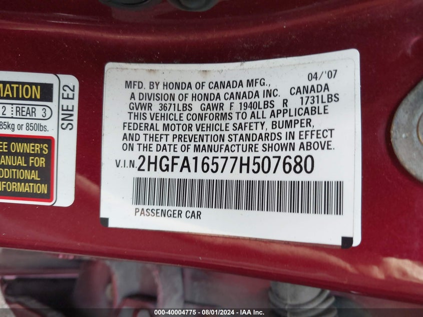 2007 Honda Civic Lx VIN: 2HGFA16577H507680 Lot: 40004775