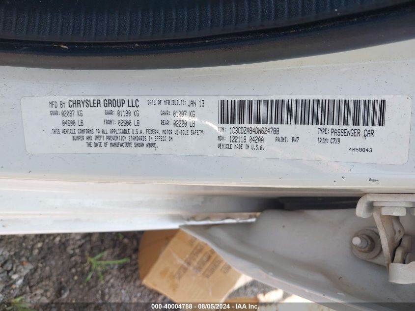 2013 Dodge Avenger Se VIN: 1C3CDZAB4DN624788 Lot: 40004788