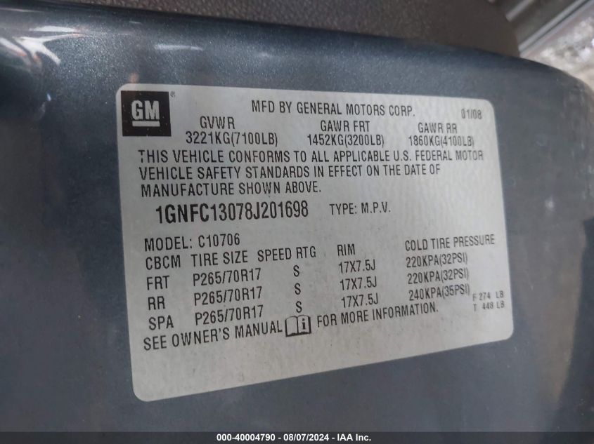 2008 Chevrolet Tahoe Lt VIN: 1GNFC13078J201698 Lot: 40004790
