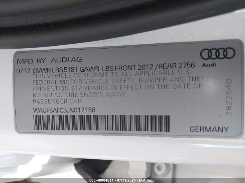 2018 Audi A6 2.0T Premium/2.0T Sport VIN: WAUF8AFC3JN017158 Lot: 40004811