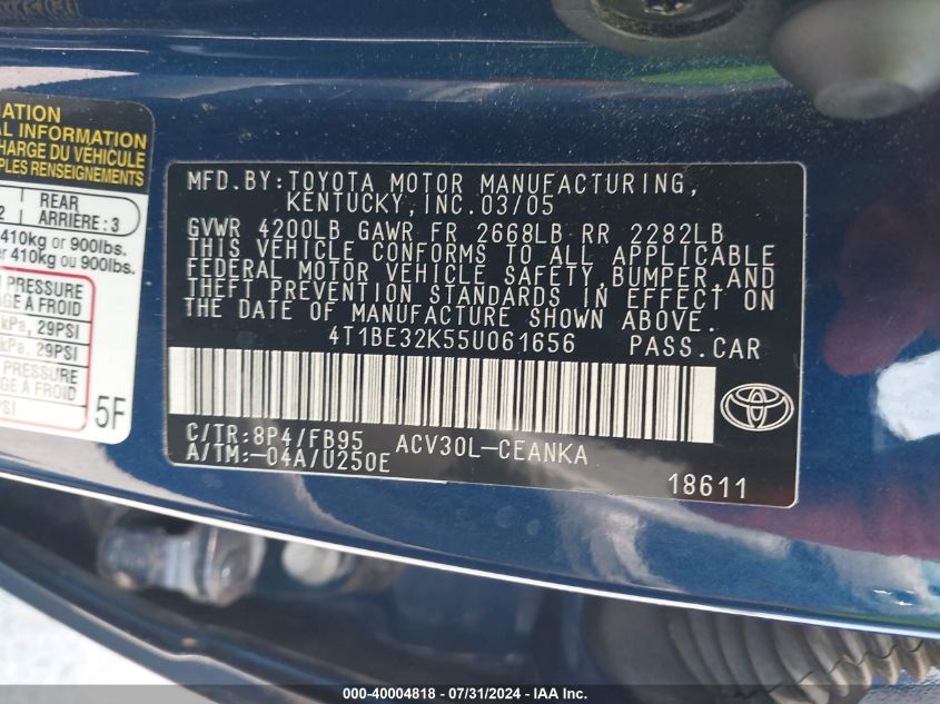 2005 Toyota Camry Le VIN: 4T1BE32K55U061656 Lot: 40004818