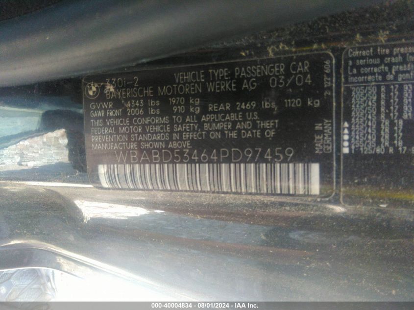 2004 BMW 330Ci 330Ci VIN: WBABD53464PD97459 Lot: 40004834