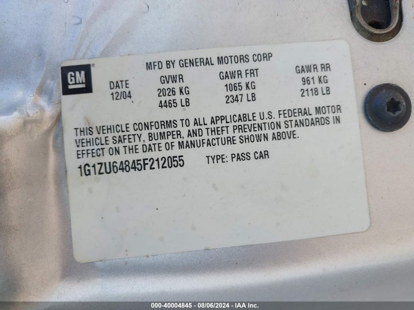 2005 Chevrolet Malibu Maxx Lt VIN: 1G1ZU64845F212055 Lot: 40004845