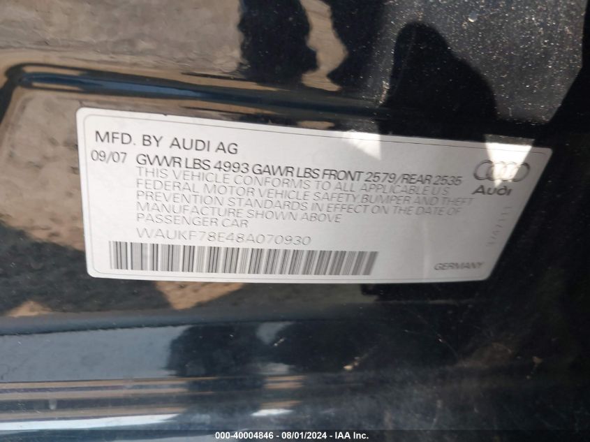 2008 Audi A4 2.0T/2.0T Avant Special Edition VIN: WAUKF78E48A070930 Lot: 40004846