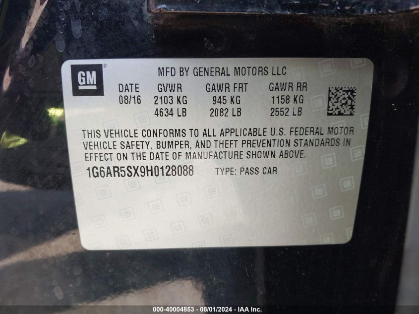 2017 Cadillac Cts Luxury VIN: 1G6AR5SX9H0128088 Lot: 40004853