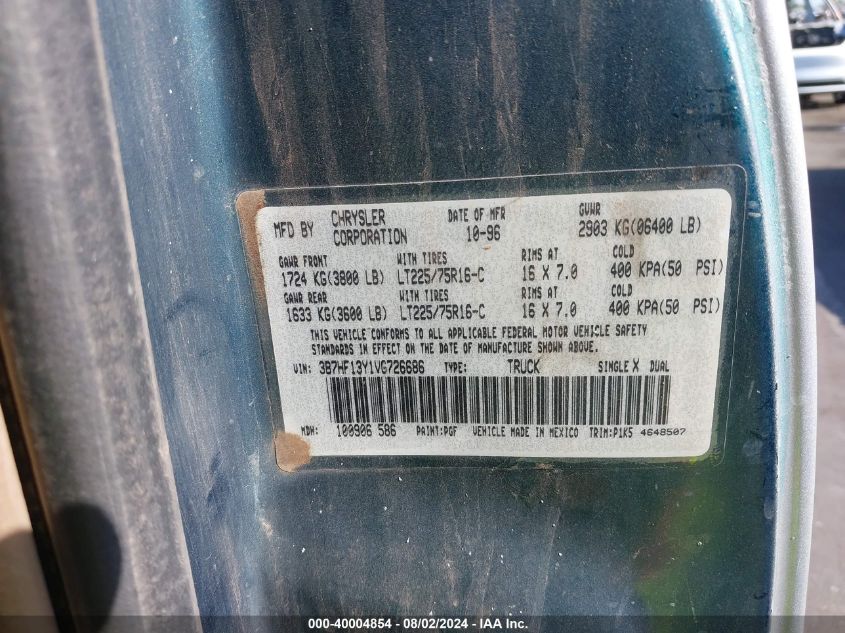 1997 Dodge Ram 1500 St VIN: 3B7HF13Y1VG726686 Lot: 40004854