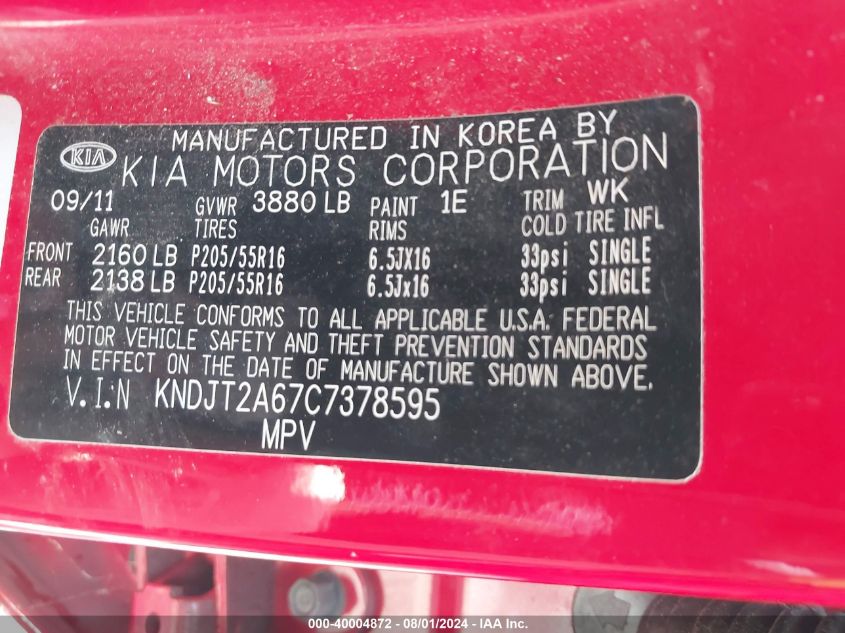 2012 Kia Soul + VIN: KNDJT2A67C7378595 Lot: 40004872