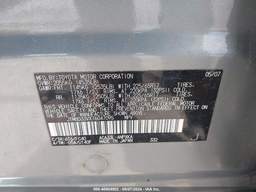 2007 Toyota Rav4 VIN: JTMBD33VX76047095 Lot: 40004902