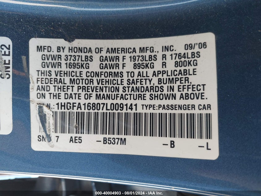 2007 Honda Civic Ex VIN: 1HGFA16807L009141 Lot: 40004903