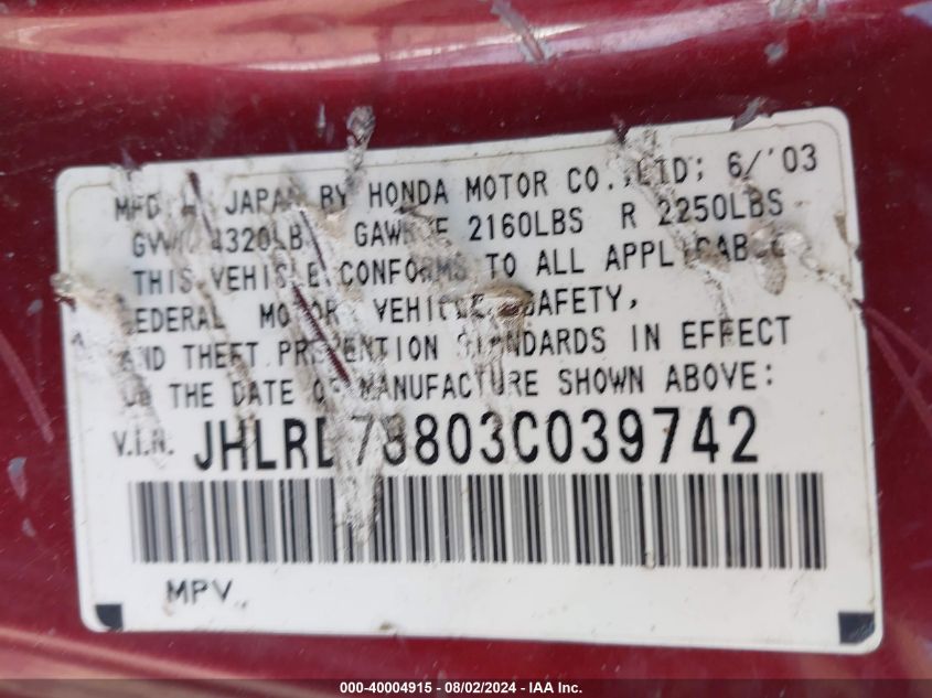 2003 Honda Cr-V Ex VIN: JHLRD78803C039742 Lot: 40004915