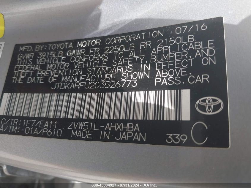 2016 Toyota Prius Three Touring VIN: JTDKARFU2G3526773 Lot: 40004927