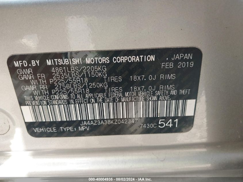 2019 Mitsubishi Outlander Se VIN: JA4AZ3A38KZ042347 Lot: 40004935