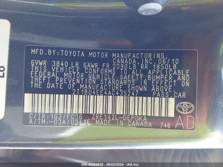 2010 Toyota Corolla Le VIN: 2T1BU4EE4AC435247 Lot: 40004938