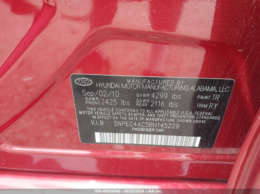 5NPEC4AC5BH145229 2011 Hyundai Sonata Se