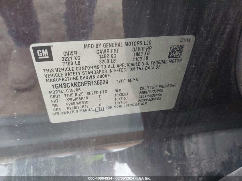 2015 Chevrolet Tahoe Ls VIN: 1GNSCAKC8FR136529 Lot: 40004954