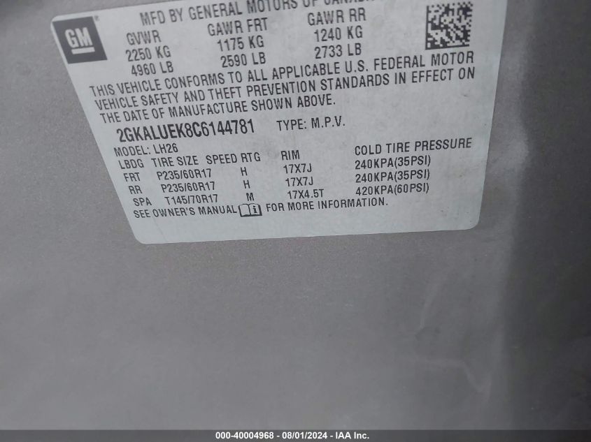 2012 GMC Terrain Slt-1 VIN: 2GKALUEK8C6144781 Lot: 40004968