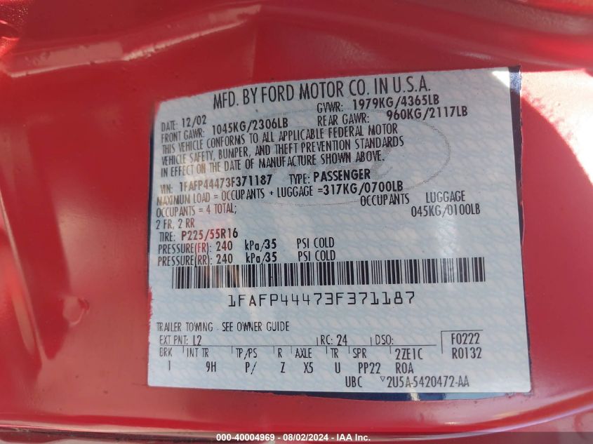 2003 Ford Mustang VIN: 1FAFP44473F371187 Lot: 40004969