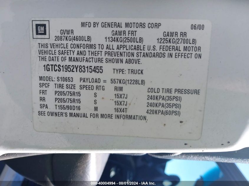 2000 GMC Sonoma Sl VIN: 1GTCS1952Y8315455 Lot: 40004994