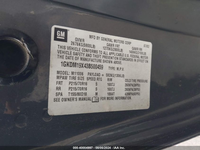 2003 GMC Safari Xt VIN: 1GKDM19X43B500459 Lot: 40004997
