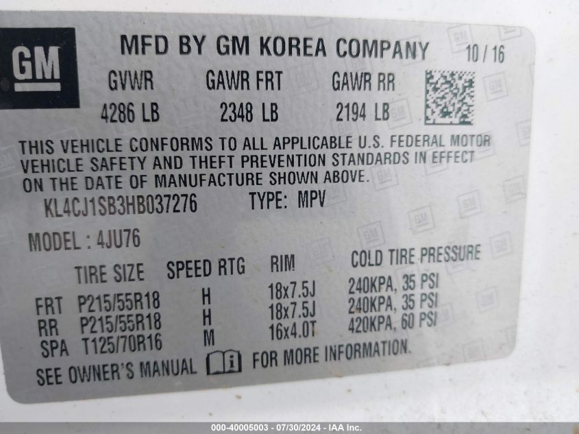 2017 Buick Encore Sport Touring VIN: KL4CJ1SB3HB037276 Lot: 40005003