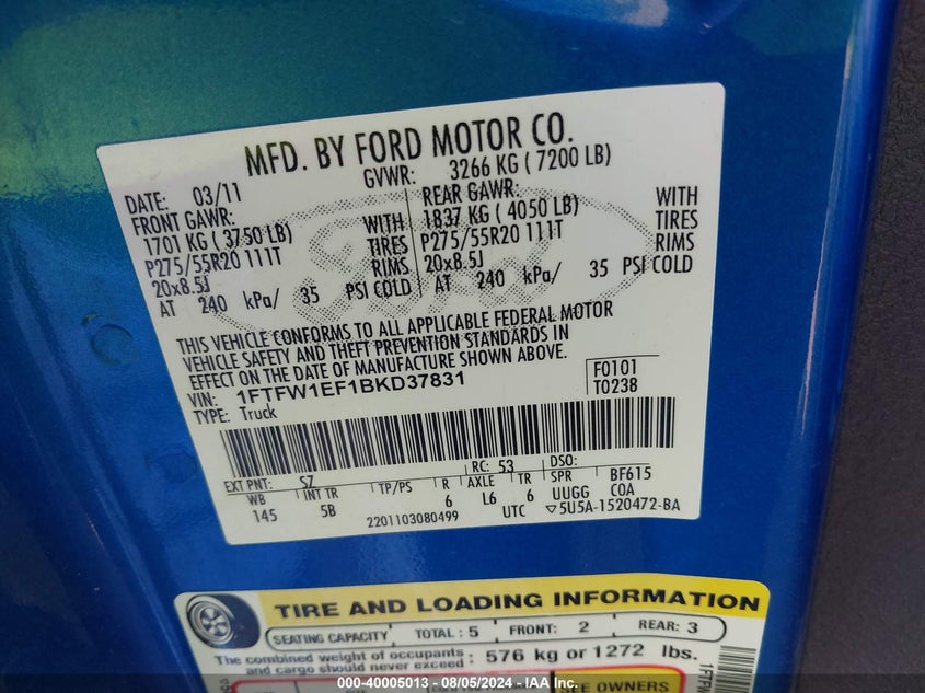 2011 Ford F150 Supercrew VIN: 1FTFW1EF1BKD37931 Lot: 40005013