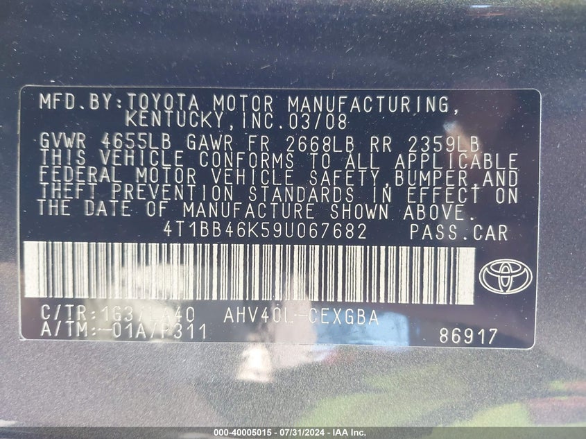 2009 Toyota Camry Hybrid Hybrid VIN: 4T1BB46K59U067682 Lot: 40005015