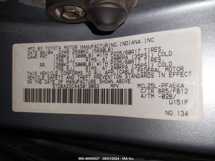 2004 Toyota Sienna Le VIN: 5TDBA23C44S019063 Lot: 40005027