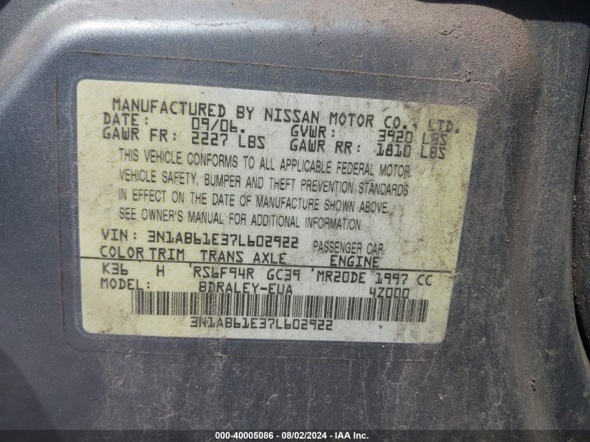 2007 Nissan Sentra 2.0/2.0S/2.0Sl VIN: 3N1AB61E37L602922 Lot: 40005086