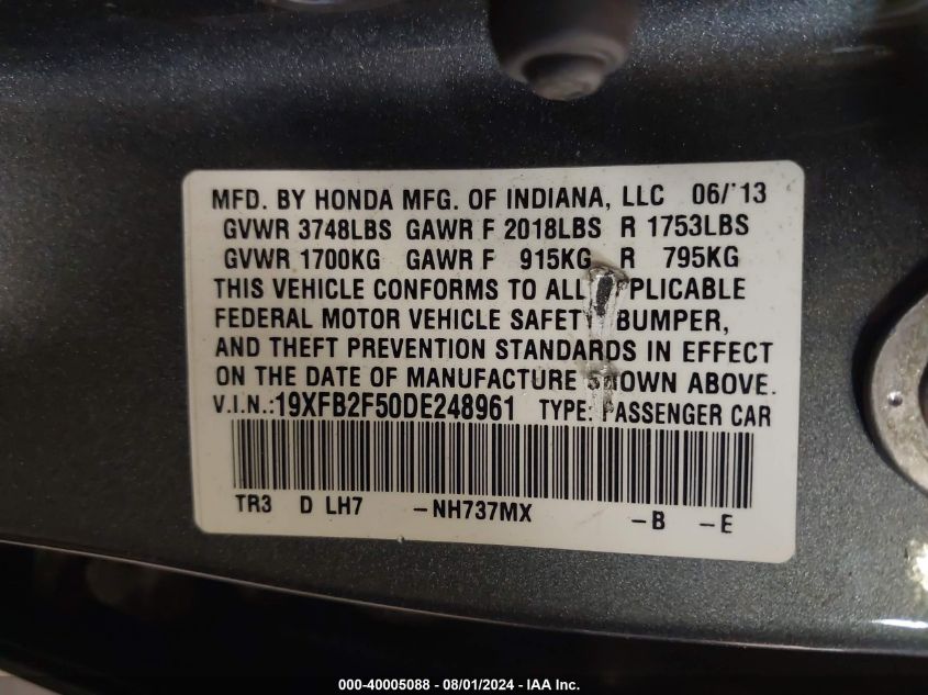 2013 Honda Civic Lx VIN: 19XFB2F50DE248961 Lot: 40005088