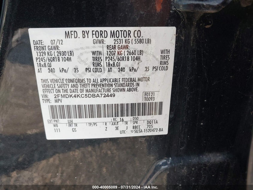 2013 Ford Edge Limited VIN: 2FMDK4KC5DBA72449 Lot: 40005089