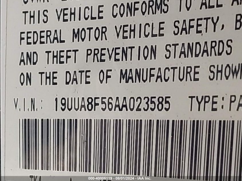 2010 Acura Tl 3.5 VIN: 19UUA8F56AA023585 Lot: 40005119