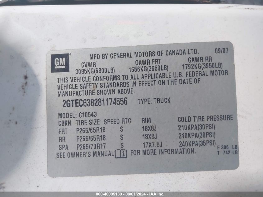 2008 GMC New Sierra C1500 Denali VIN: 2GTEC638281174556 Lot: 40005130