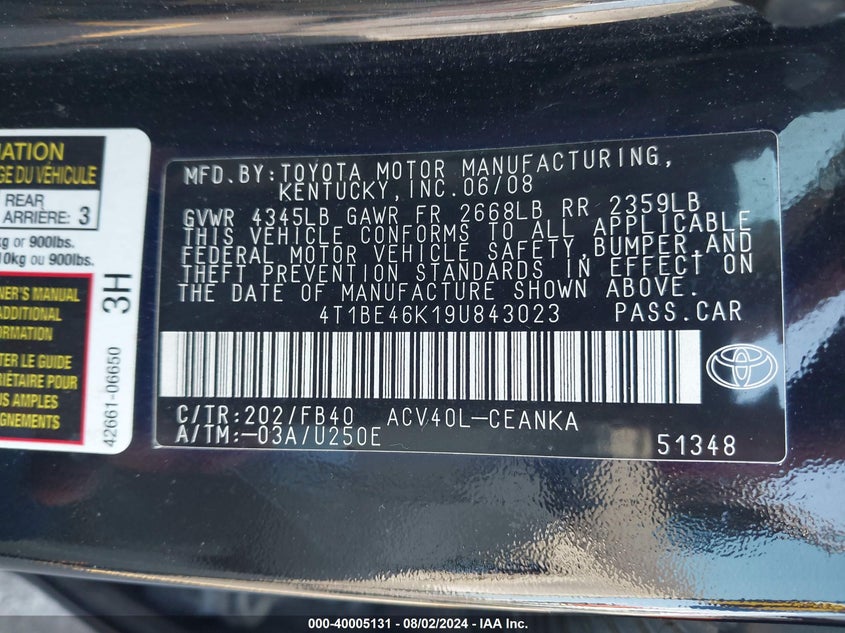 2009 Toyota Camry Le VIN: 4T1BE46K19U843023 Lot: 40005131