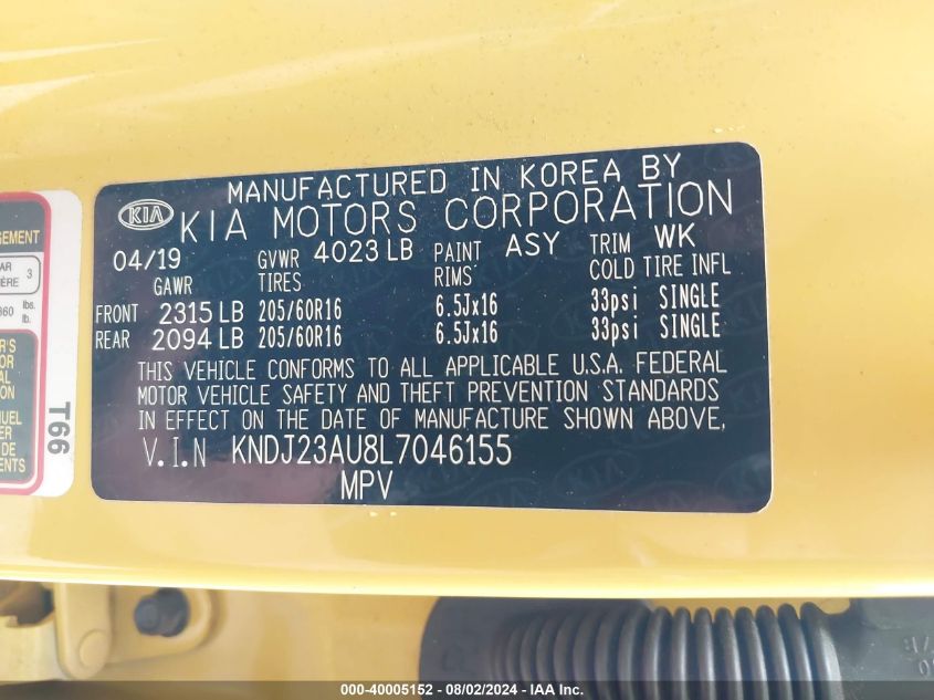 2020 Kia Soul S VIN: KNDJ23AU8L7046155 Lot: 40005152