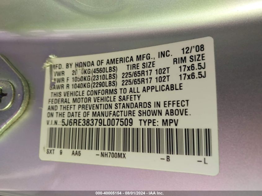 2009 Honda Cr-V Lx VIN: 5J6RE38379L007509 Lot: 40005154