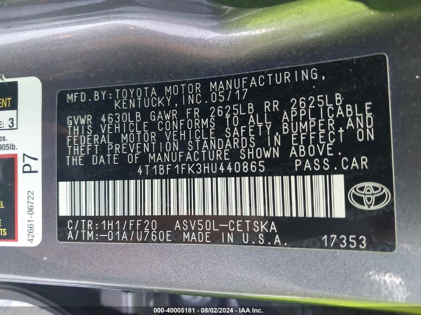 4T1BF1FK3HU440865 2017 Toyota Camry Se