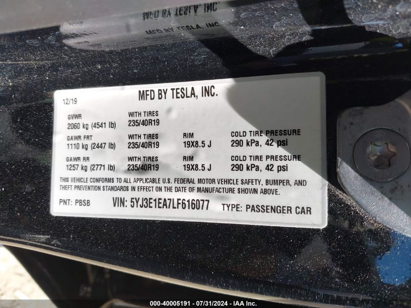 2020 Tesla Model 3 Standard Range Plus Rear-Wheel Drive/Standard Range Rear-Wheel Drive VIN: 5YJ3E1EA7LF616077 Lot: 40005191