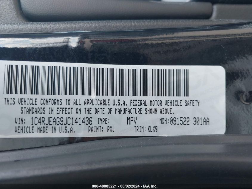 2018 Jeep Grand Cherokee Altitude 4X2 VIN: 1C4RJEAG9JC141436 Lot: 40005221