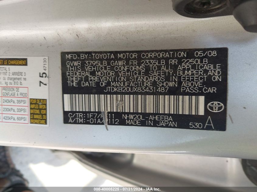 2008 Toyota Prius VIN: JTDKB20UX83431487 Lot: 40005225
