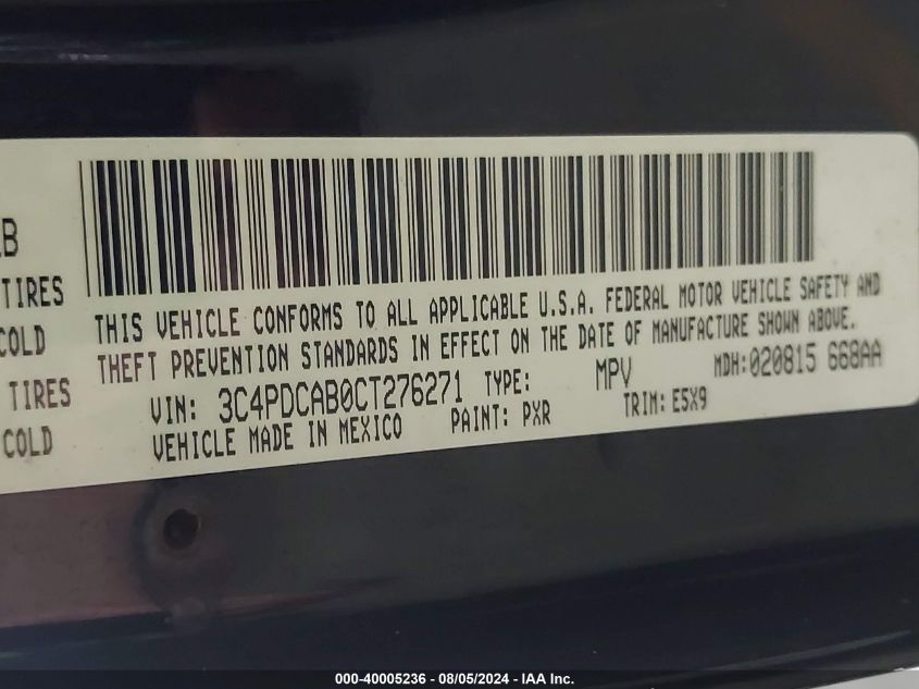 2012 Dodge Journey Se VIN: 3C4PDCAB0CT276271 Lot: 40005236