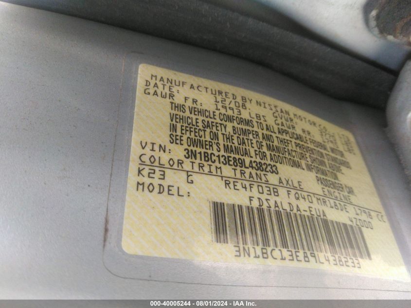 2009 Nissan Versa 1.8S VIN: 3N1BC13E89L438233 Lot: 40005244