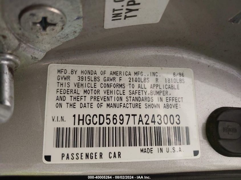 1996 Honda Accord Value VIN: 1HGCD5697TA243003 Lot: 40005264