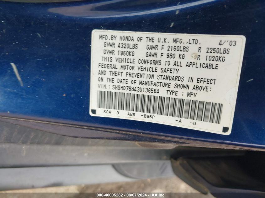 2003 Honda Cr-V Ex VIN: SHSRD78843U136564 Lot: 40005282