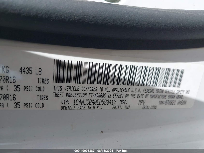 2014 Jeep Compass Sport VIN: 1C4NJCBA0ED593417 Lot: 40005287