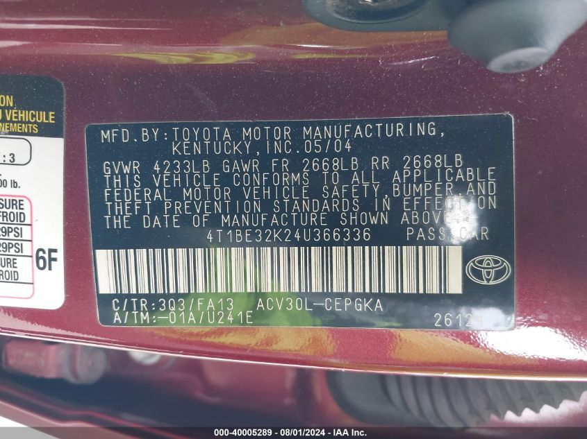 2004 Toyota Camry Xle VIN: 4T1BE32K24U366336 Lot: 40005289