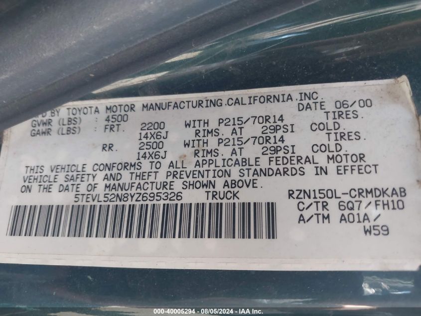 2000 Toyota Tacoma VIN: 5TEVL52N8YZ695326 Lot: 40005294