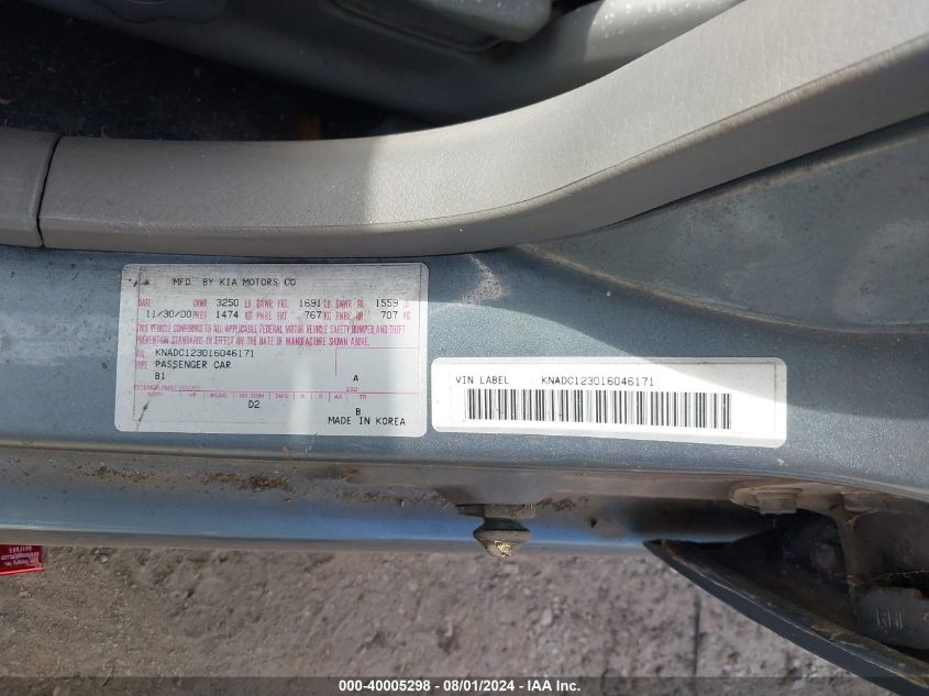 2001 Kia Rio VIN: KNADC123016046171 Lot: 40005298